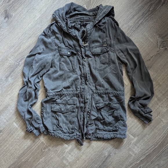 Max Jeans Tencel Gray Hooded Cargo Jacket Size M - Picture 1 of 7